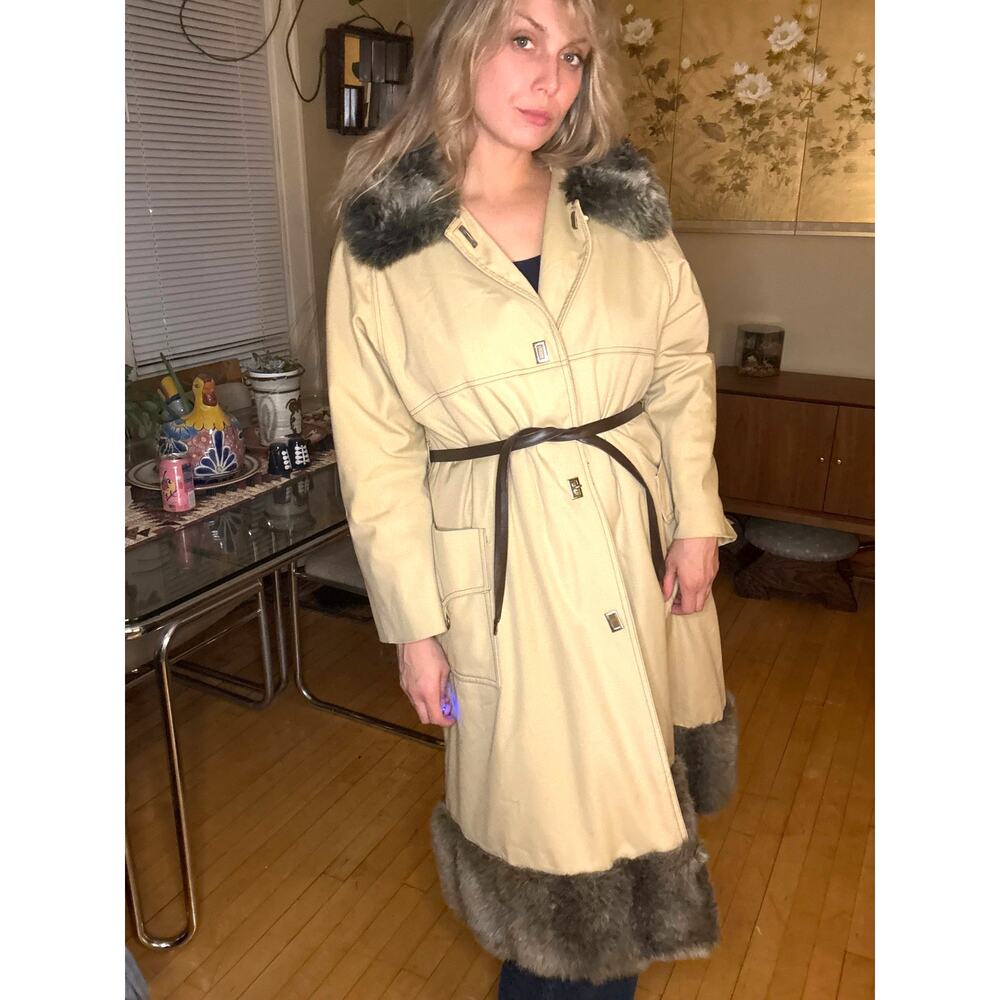 Vintage Womens 70s Trench Faux Fur Coat XL Mob Wife Penny Lane Luxury Glam